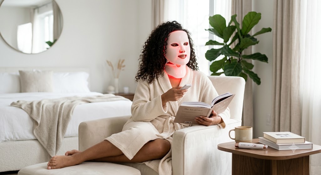 The glow from the mask subtly illuminates her skin