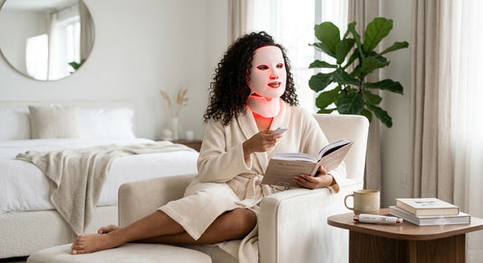 The glow from the mask subtly illuminates her skin